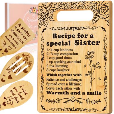 Sister Birthday Gifts Cutting Board Set, Recipe for a Special Sister - Valentines Birthday Gifts for Sister from Sister Engraved Utensil Friendship Sisters Gift for Wome Bestie Best Friend Soul Sister