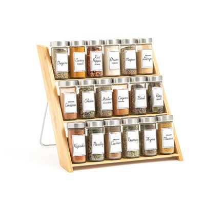Orii 18 Jar Bamboo Compact Spice Organizer for Countertop and Kitchen Drawer, Filled with Spices, Program