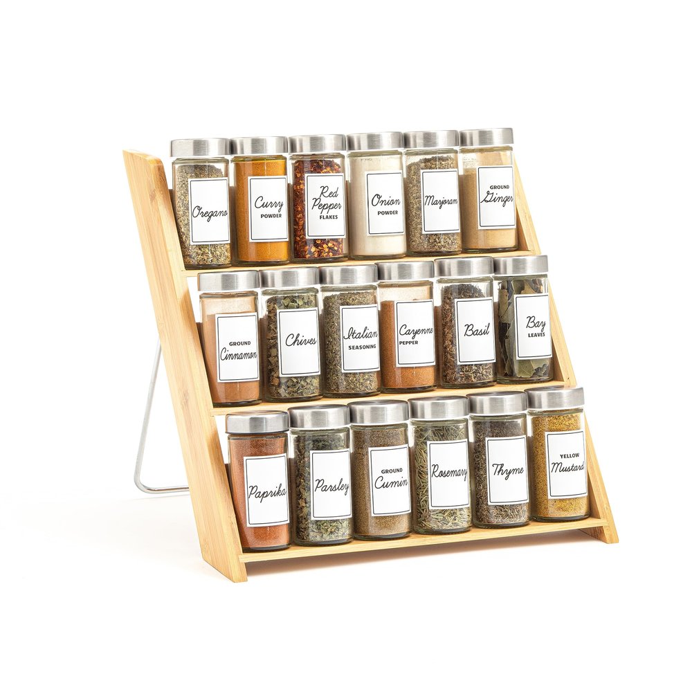 Orii 18 Jar Bamboo Compact Spice Organizer for Countertop and Kitchen Drawer, Filled with Spices, Program