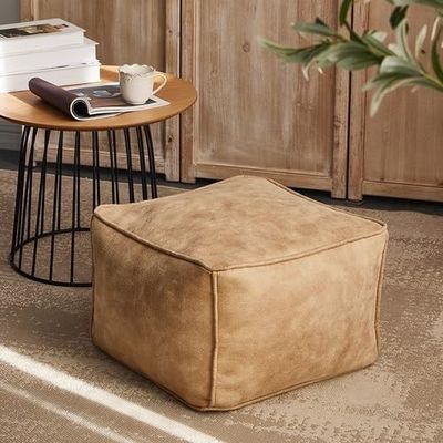 SXBCyan Suede Fabric Round Square Ottoman Stool Beanbag Pouf Footstool Stuffed Bean Bag Footrest Floor Corner Seat Puff No Filler(Beige-Square Stool)