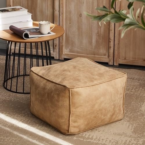 SXBCyan Suede Fabric Round Square Ottoman Stool Beanbag Pouf Footstool Stuffed Bean Bag Footrest Floor Corner Seat Puff No Filler(Beige-Square Stool)