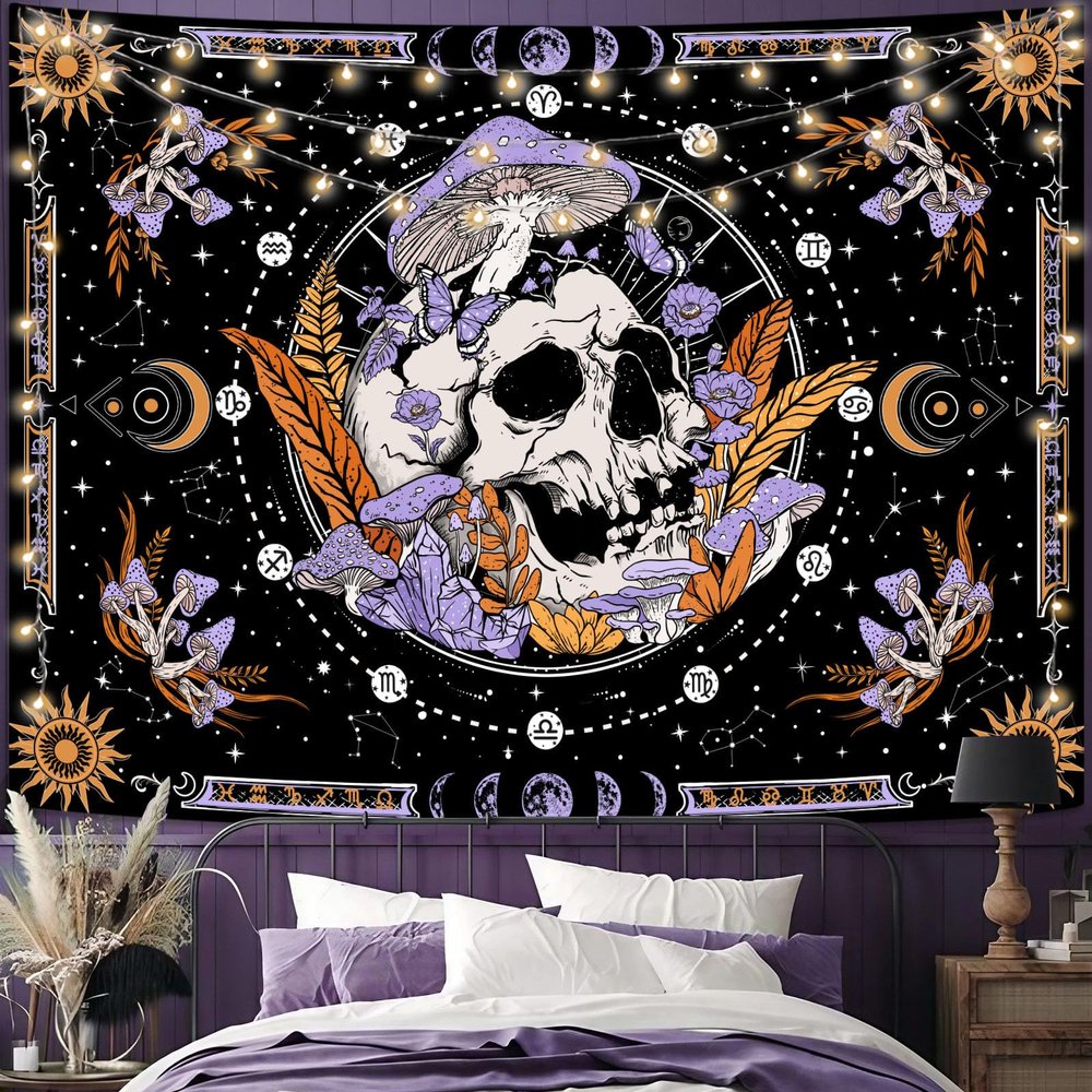 Aipon Purple Skeleton Tapestry Bedroom Skull Mushroom Tapestries Hippie Nature Plants Floral Flower Aesthetic Tapestry Wall Hanging for Living Room Dorm (Purple, 48''  36'')