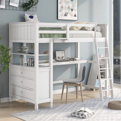 Merax Loft Bed Twin Size with Desk, Wood Frame with Shelves & Drawers, Inclined Ladder Design, White