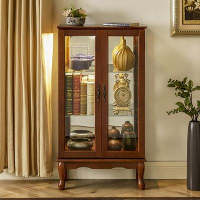 Legendstone 3 Tier Modern Floor Standing Glass Curio Cabinet Display Case Cabinet, Tempered Glass Doors, Adjustable Shelves, Mirrored Back Panel (Walnut, 43.5"H x 11.75"D x 26"W)