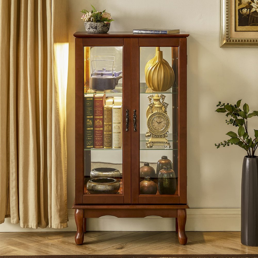 Legendstone 3 Tier Modern Floor Standing Glass Curio Cabinet Display Case Cabinet, Tempered Glass Doors, Adjustable Shelves, Mirrored Back Panel (Walnut, 43.5"H x 11.75"D x 26"W)