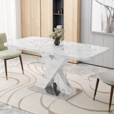 Stretchable Modern Marble Table, Rectangular Table for 4-6 People, Suitable for Restaurants, X-Shaped Legs, Metal Base (Black Marble)