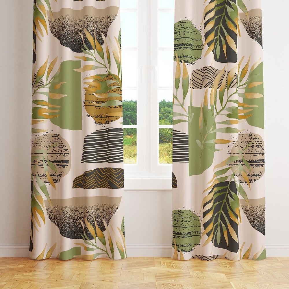Green Abstract Leaf Print Bedroom Curtains,Bohe Medieval Minimalist Geometric,Home Bedroom Living Room Kitchen Window Treatments Drapes 42x63in