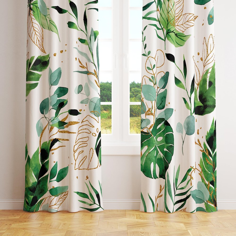 Watercolor Tropical Plant Window Curtains,Green Gold Abstract Watercolor Leaf Print Bedroom Curtains 55x63in