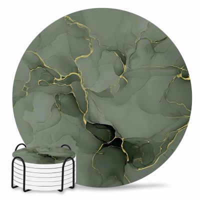 Coasters for Drinks Set of 6 with Holder Marble Gold Line Watercolour Sage Green Gradient Ceramic Cup Mat Absorbent Ceramic Stone Coasters with Cork Base for Coffee Cups Wooden Table Home Decor 4in