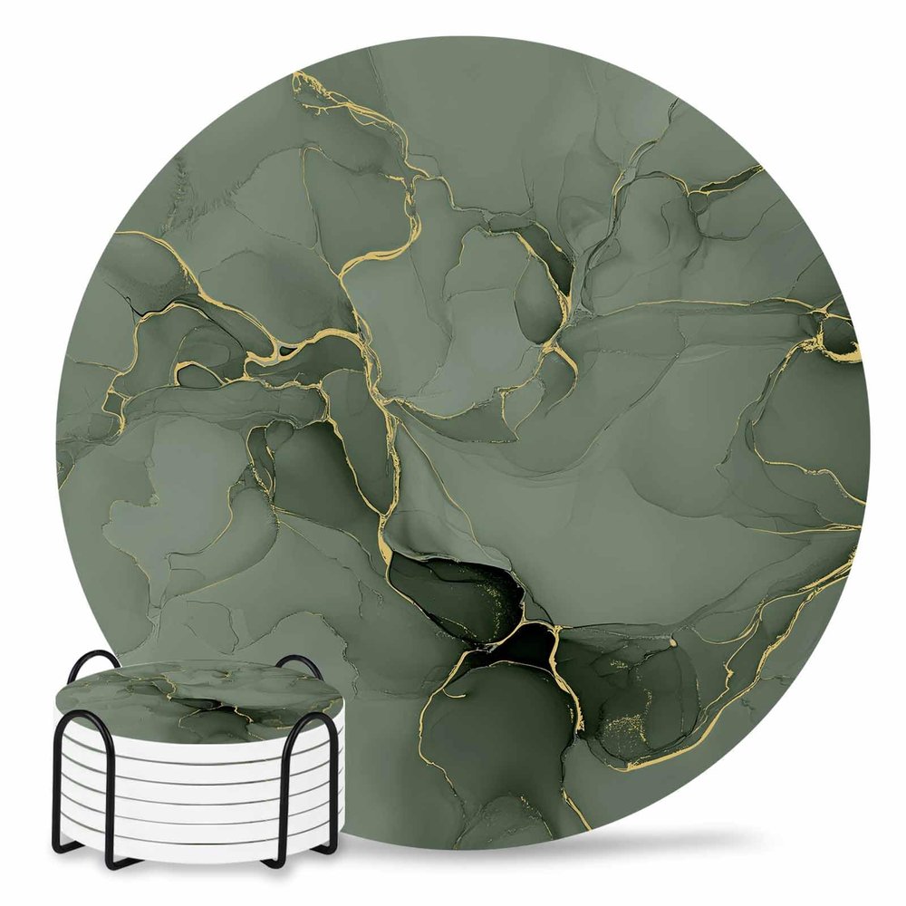 Coasters for Drinks Set of 6 with Holder Marble Gold Line Watercolour Sage Green Gradient Ceramic Cup Mat Absorbent Ceramic Stone Coasters with Cork Base for Coffee Cups Wooden Table Home Decor 4in