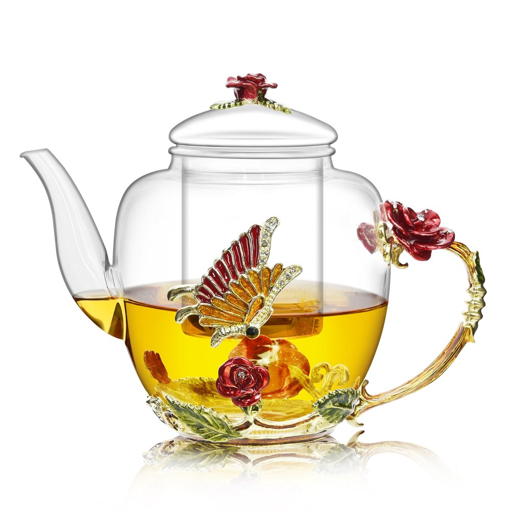 46oz/1300ml Large Enamel Teapot With Infuser,Floral Glass Teapot With Red Rose Flower Butterfly,Removable Infuser For Blooming Tea,Loose Leaf Tea,Fruit Tea,Tea Bag