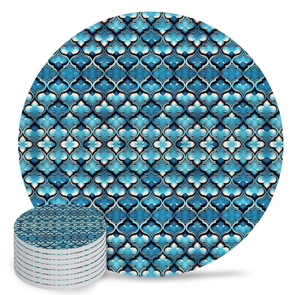 Coasters for Drinks Set of 8, Teal Gradient Abstract Flowers Geometric Texture Ceramic Cup Mat, Absorbent Ceramic Stone Coasters with Cork Base for Coffee, Cups, Wooden Table, Home Decor 4 Inch