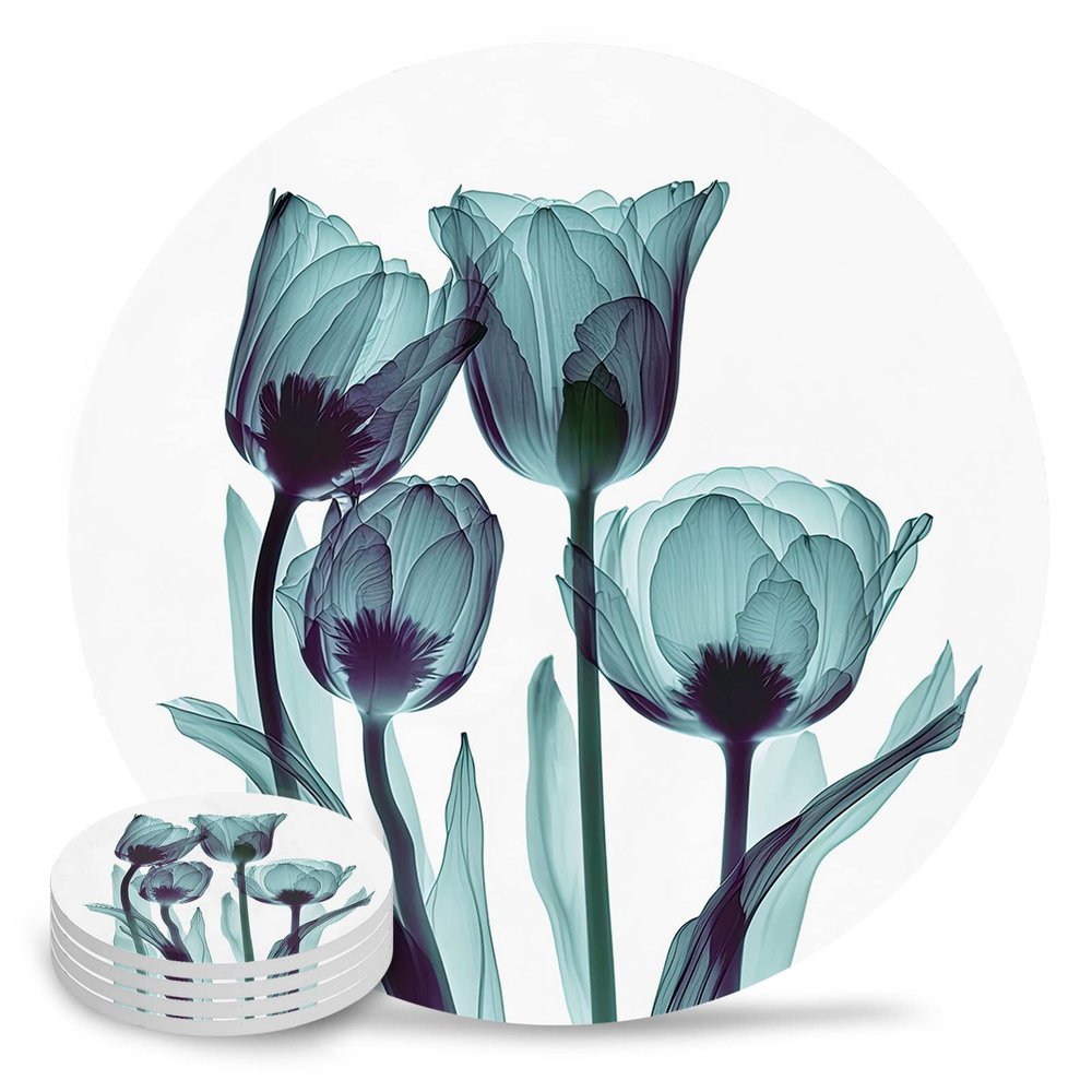Coasters for Drinks Set of 4, Abstract Transparent Teal Turquoise Flower Tulip Ceramic Cup Mat, Absorbent Ceramic Stone Coasters with Cork Base for Coffee, Cups, Wooden Table, Home Decor 4 Inch