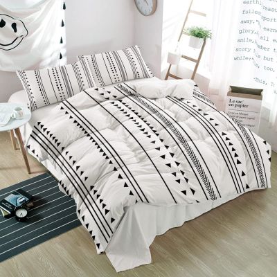 3 Piece Bedding Set,Bohemian Black Triangle Stripe on White Breathable Duvet Cover Super Soft Pillow Shams,Aztec Retro Geometric Washable Bed Sets All Seasons for Bedroom Dorm Hotel RV