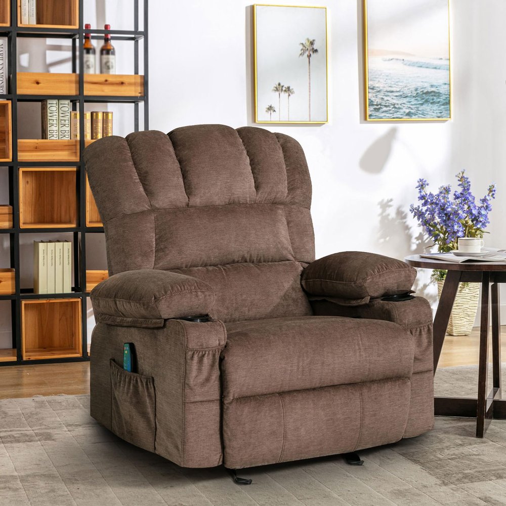 Adjustable Recliner Chair Massage Sofa Chair with Heated Function, Home Theater Single Recliner with 2 Cup Holders and Side Pocket, USB Port, Hold up to 300LBS, Brown