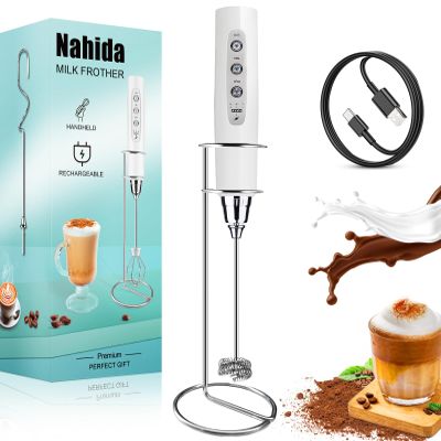 Nahida Rechargeable Milk Frother Wand for Coffee Include Stand - White