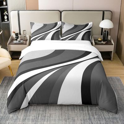 Abstract Swirls 100% Cotton Duvet Cover King Size, Black White Grey Bedding Set for Kids Boys Girls, Lines Comforter Cover Bedroom Decor, Modern Geometric Quilt Cover with 2 Pillow Shams
