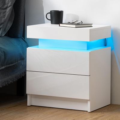 HOMMPA LED Nightstand, White Nightstand with Led Lights, Modern Night Stand with 2 High Gloss Drawers, Bedside Table Smart Night Table for Bedroom 20.5 Tall