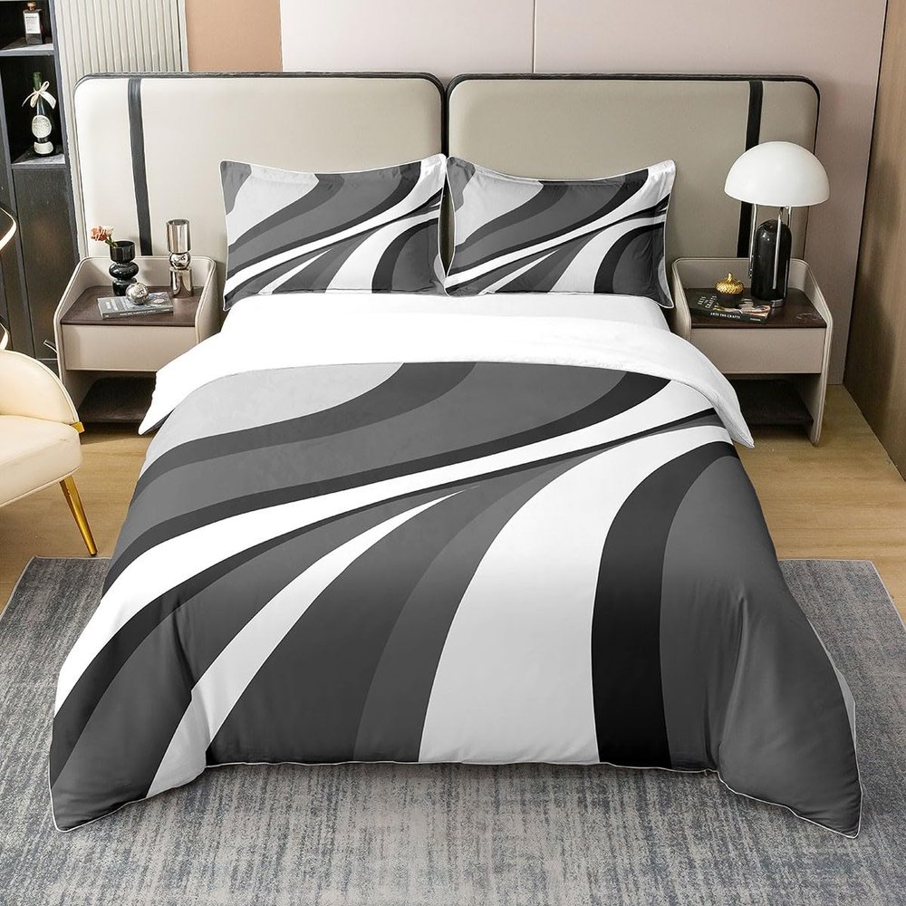 Abstract Swirls 100% Cotton Duvet Cover Full Size, Black White Grey Bedding Set for Kids Boys Girls, Lines Comforter Cover Bedroom Decor, Modern Geometric Quilt Cover with 2 Pillow Shams