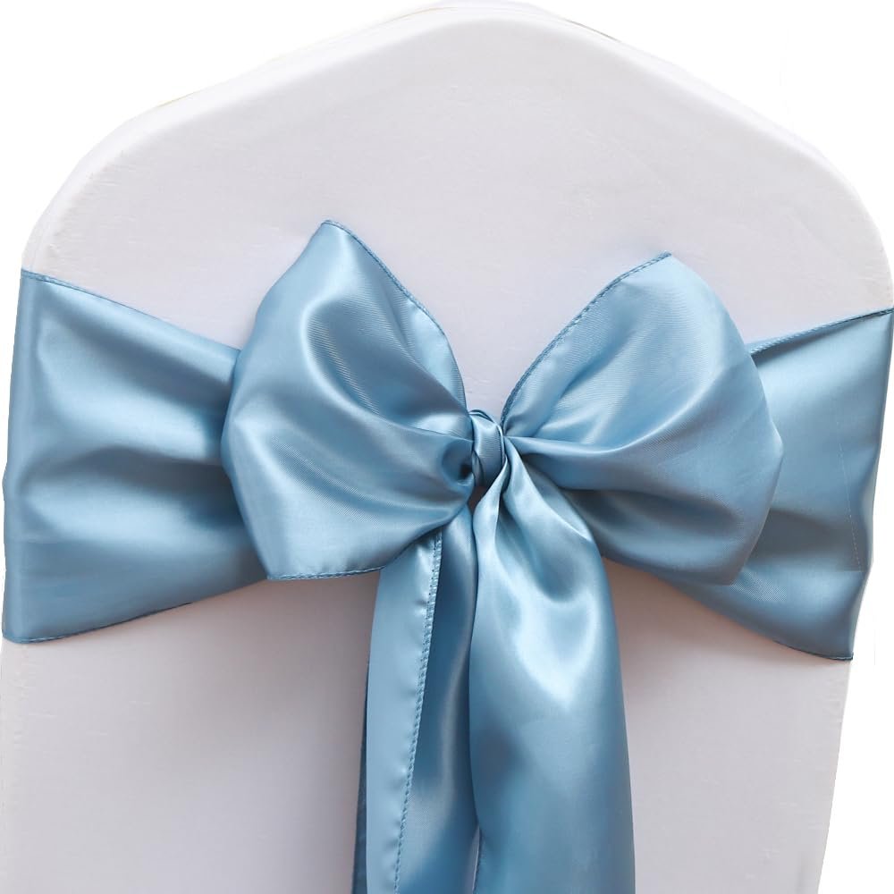 JFDYDM 50 Pack Dusty Blue Chair Sashes, Satin Chair Ribbons for Wedding Party Birthday Reception, Banquets Chairs Decorations, Dusty Blue Satin Chair Bows for Chairs
