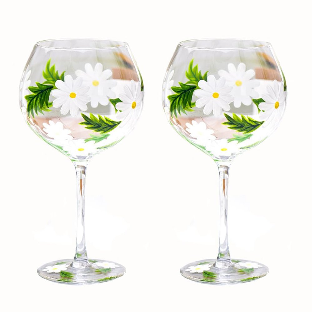 HIUHIU Painted Flower Wine Glasses Set of 2, Transparent Clear Long Stem Wine Glass Goblet Colorful Artisan Painted Drinking Glassware for Wedding/Party/Bar,A