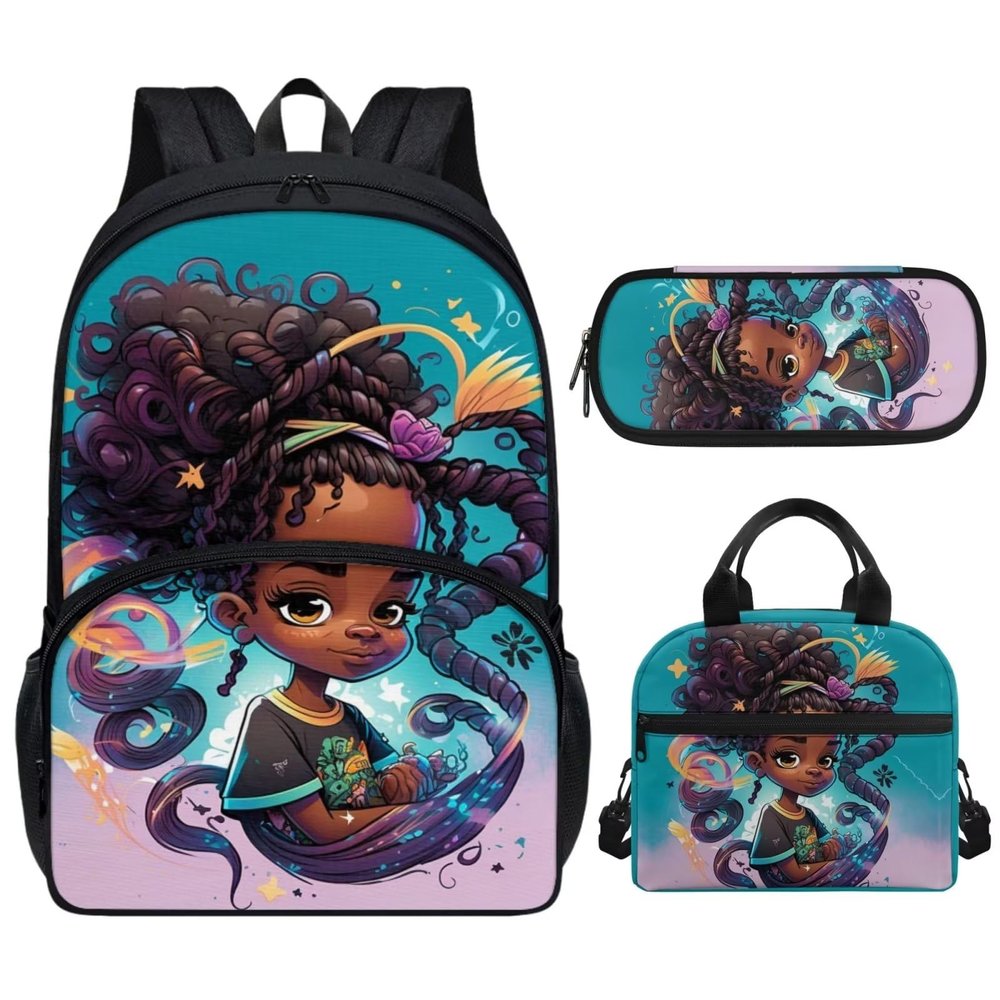 HUIACONG Afro Princess Girl Backpack for School Girls Kids 4th Grade Lunch Box Bookbag Age 8-10 Elementary Middle School Bag Set for Teen Girls Lunch Bag Pencil Case Travel