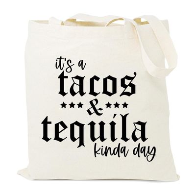 HONTOUTEIt's a Tacos Tequila Kinda Day Graphic Tote Bag for Women Canvas Cotton Bag Reusable Shoulder Shopping BagBeige
