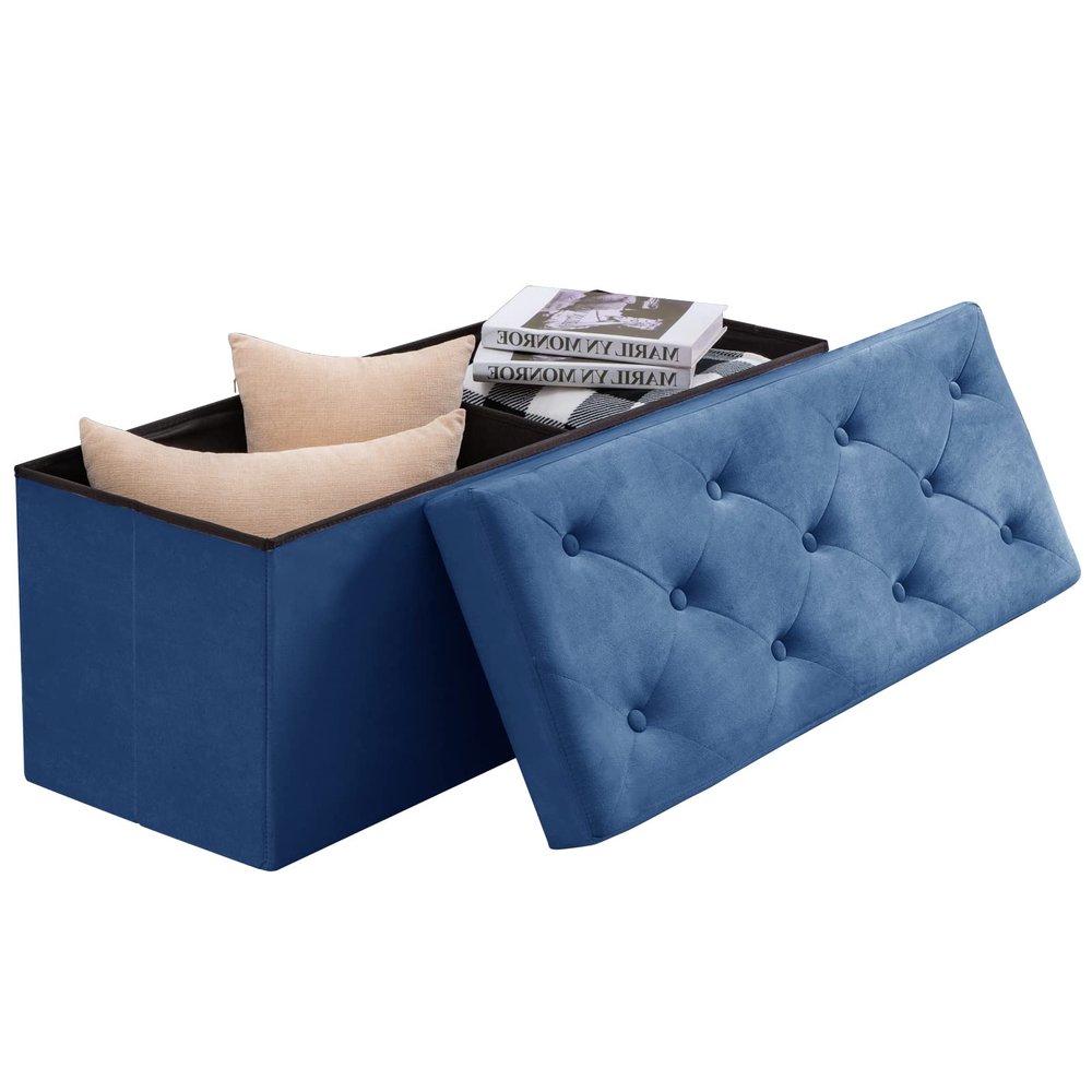 BRIAN & DANY 43 Inches Ottoman with Storage, Velvet Storage Ottoman Bench, End of Bed Benches, Folding Ottomans for Bedroom, Living Room and Entryway (Blue)