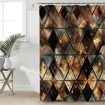 Brown Teal Geometric Shower Curtain Set - 66" x 72" Washable Bathtub Curtain with 12 Hooks, Retro Modern Plaid Abstract Art Waterproof Fabric Stall Shower Curtains for Bathroom/Bathtub Dcor