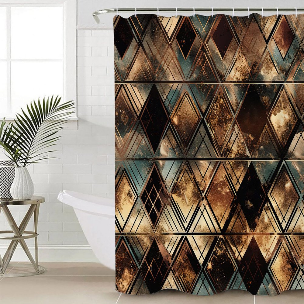 Brown Teal Geometric Shower Curtain Set - 66" x 72" Washable Bathtub Curtain with 12 Hooks, Retro Modern Plaid Abstract Art Waterproof Fabric Stall Shower Curtains for Bathroom/Bathtub Dcor