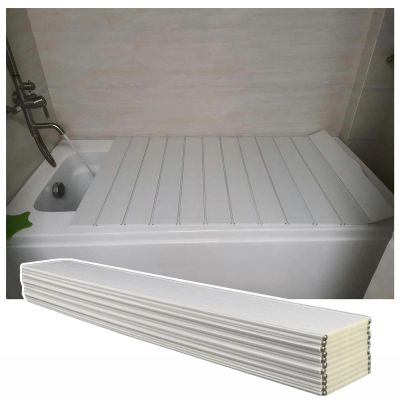 Bathtub Tray Folding Bathtub Cover Shutter Bath Lid, White PVC Wood Grain Bathtub Insulation Cover Dust Board, Waterproof Storage Stand Bathtub Tray, 0.6cm Thickness Multifunctional (Color : White,