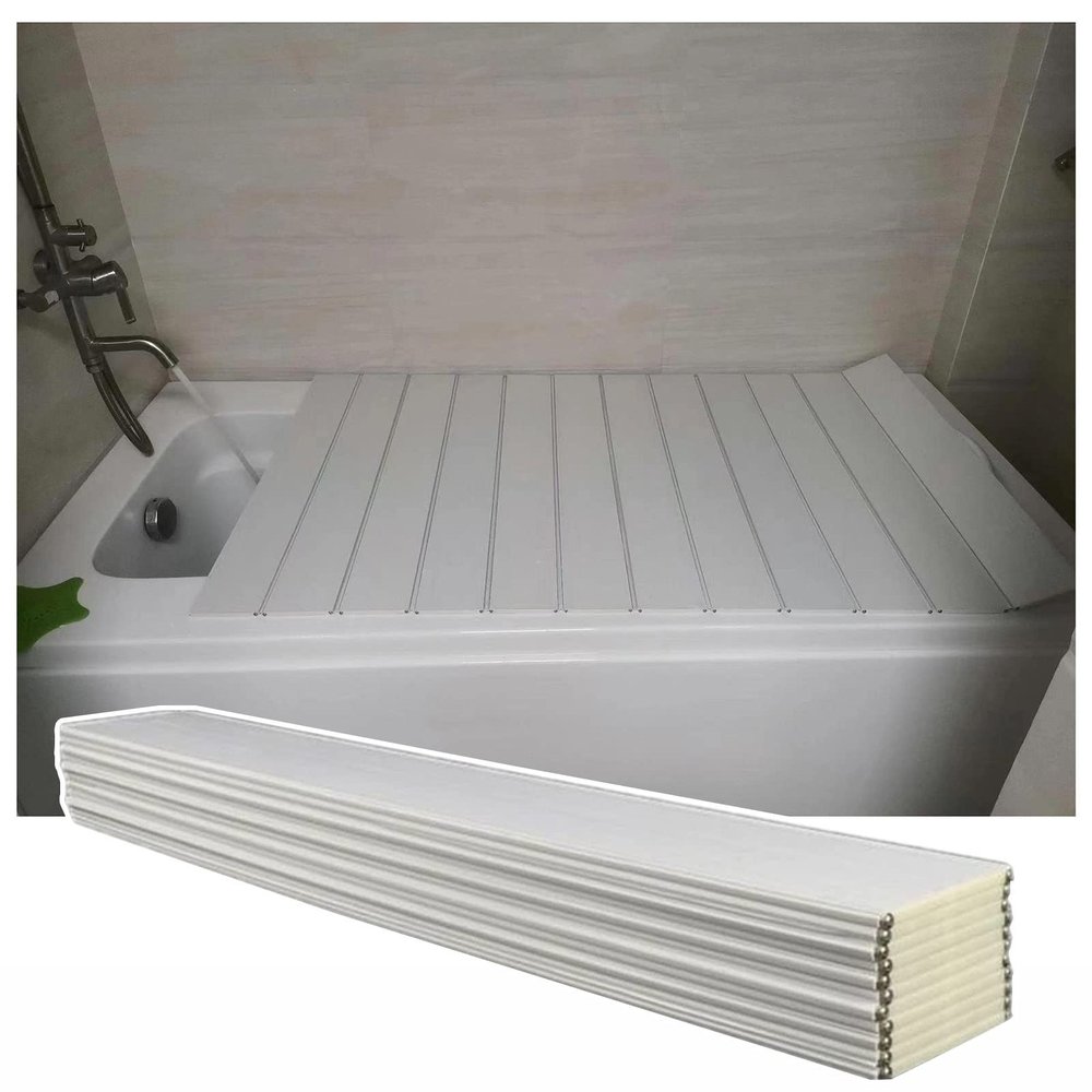 Bathtub Tray Folding Bathtub Cover Shutter Bath Lid, White PVC Wood Grain Bathtub Insulation Cover Dust Board, Waterproof Storage Stand Bathtub Tray, 0.6cm Thickness Multifunctional (Color : White,