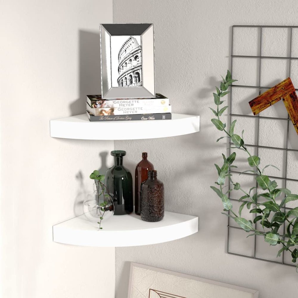 WEMYUFURN Floating Corner Shelves 2 pcs White 9.8"x9.8"x1.5" MDF, Kitchen Wall Cabinet, Floating Bookshelf, CD Wall Shelf, Floating Shelves for Home Dcor, and Space-Saving Design