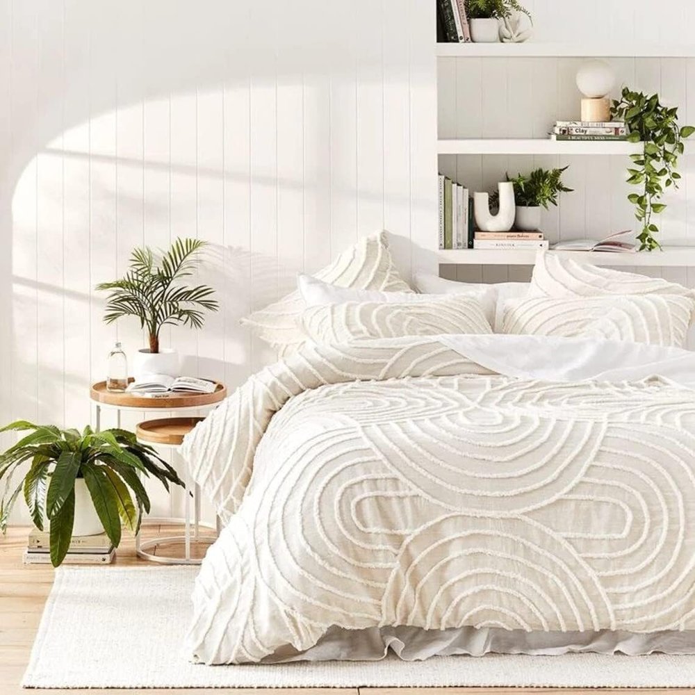 Lalawat Export Lightweight and 100% Cotton 3pcs Tufted Duvet/Bedding Comforter Cover and Pillowcase Set with Zipper Closure (White, Over Size 120x120)