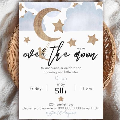 10 Piece Printed & Edited Customizable Blue/Gold Over The Moon Baby Shower/Birthday Invitations