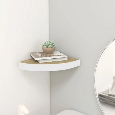 WEMYUFURN Wall Corner Shelf Oak and White 9.8"x9.8"x1.4" MDF, Kitchen Wall Cabinet, Floating Bookshelf, CD Wall Shelf, Floating Shelves for Home Dcor, and Space-Saving Design