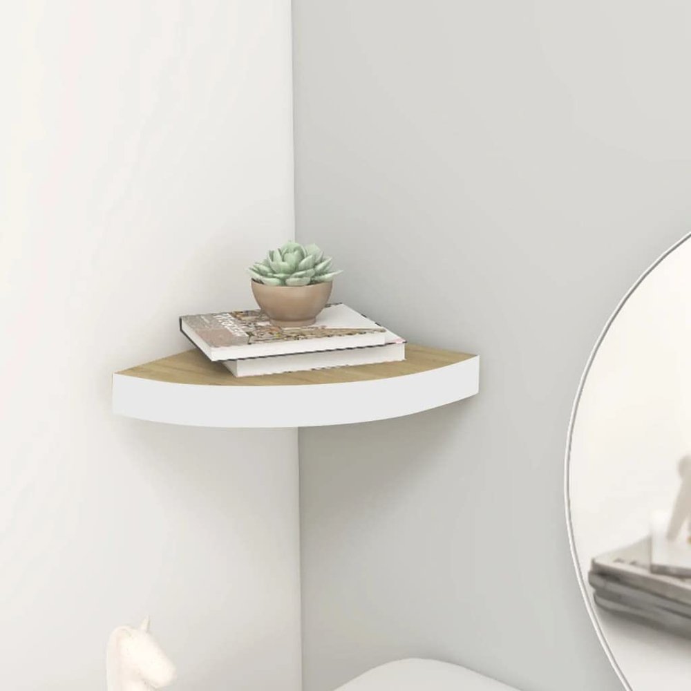 WEMYUFURN Wall Corner Shelf Oak and White 9.8"x9.8"x1.4" MDF, Kitchen Wall Cabinet, Floating Bookshelf, CD Wall Shelf, Floating Shelves for Home Dcor, and Space-Saving Design