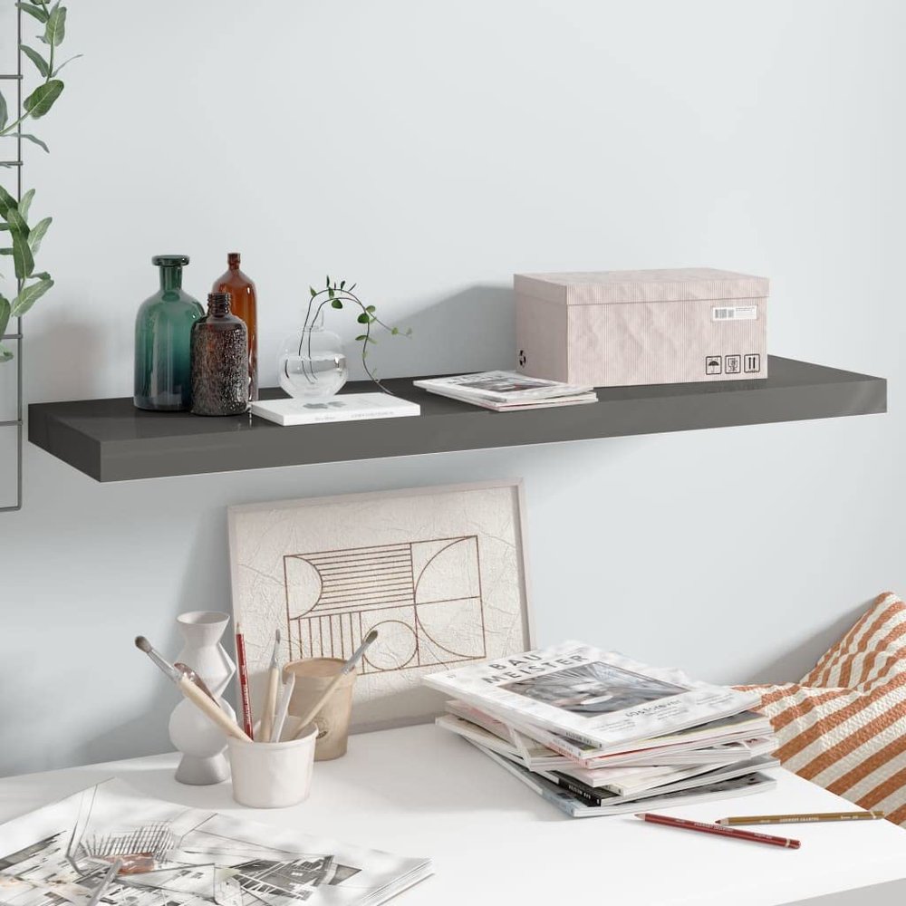 WEMYUFURN Floating Wall Shelf High Gloss Gray 35.4"x9.3"x1.5" MDF, Kitchen Wall Cabinet, Floating Bookshelf, CD Wall Shelf, Floating Shelves for Home Dcor, and Space-Saving Design
