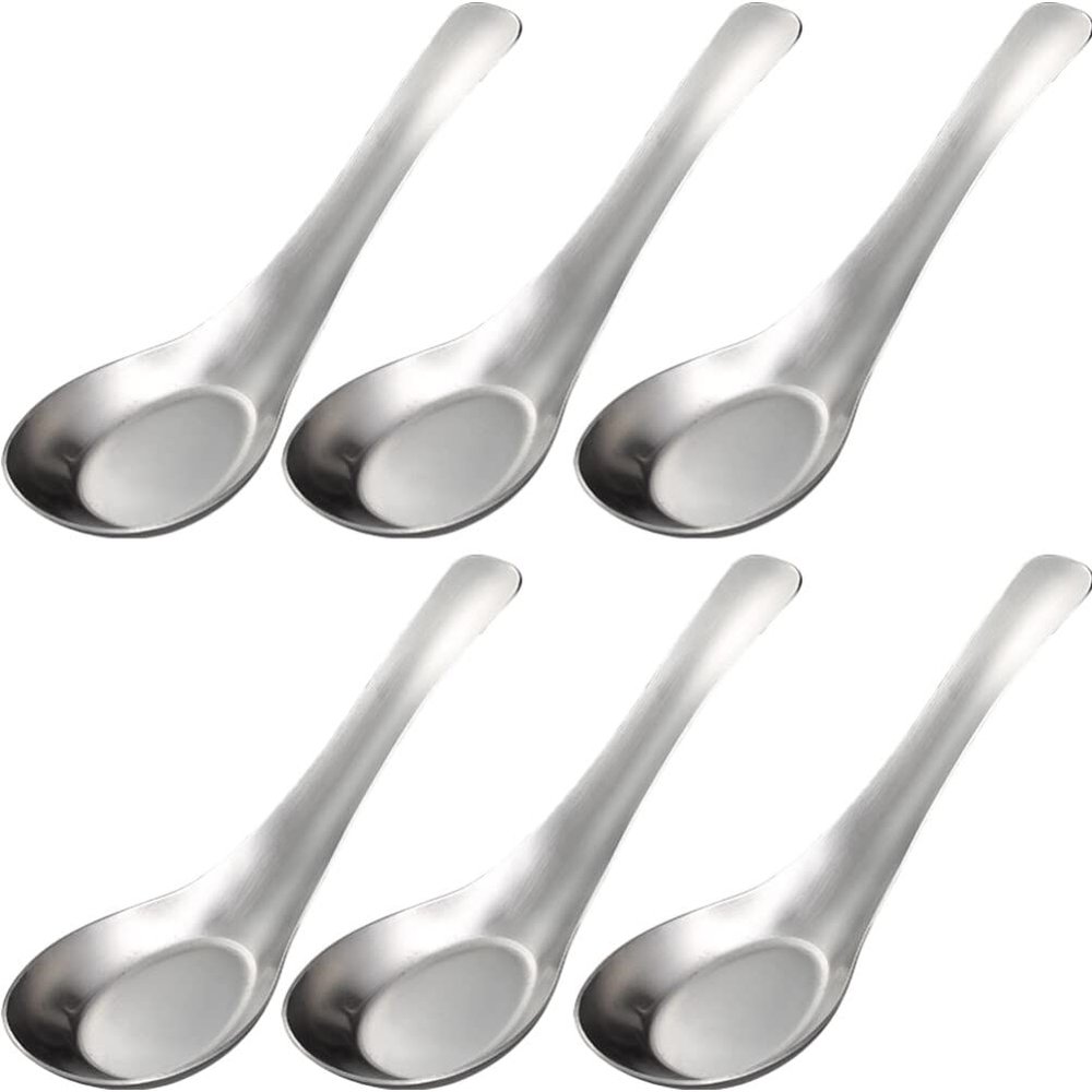 6Pcs Soup Spoons, Stainless Steel Dinner Spoons Chinese Soup Spoon Asian Soup Spoons for Bouillon Dessert Cereal Thai Miso Ramen/1721 (Color : Silver, Size : 13.7X4X1CM)