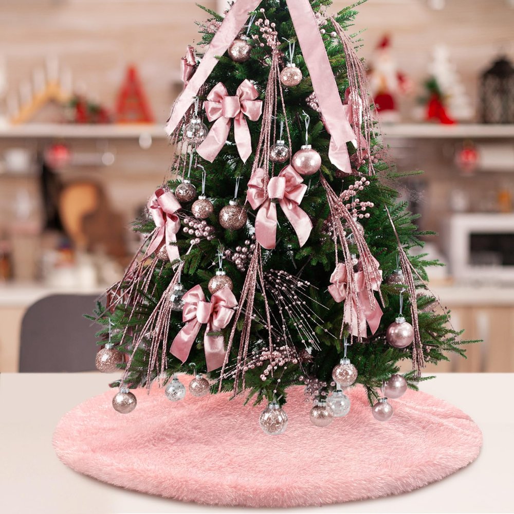 Atiming Pink Plush Christmas Tree Skirt 24 Inches Small Faux Fur Xmas Tree Skirt Base Cover Mat with Shiny Streamers for Christmas Tree Holiday Home Party Decorations - 60cm