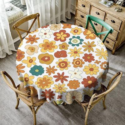 70'S Retro Floral Tablecloth, Boho Abstract Yellow Orange Flowers Groovy Table Cover for Country Farmhouse Kitchen Dining Room Party Picnic Table Decor 60x60nch