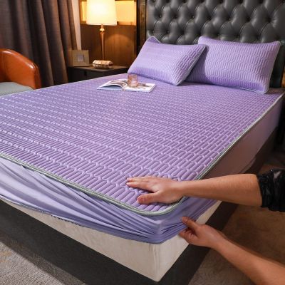 FCLDESHOP Mattress CoverSummer Latex Ice Silk Fitted Sheet, Solid Color Non-Slip Mattress Topper Fits 12"/30cm Deep Mattresses,Purple,180 * 200cm (1pcs)