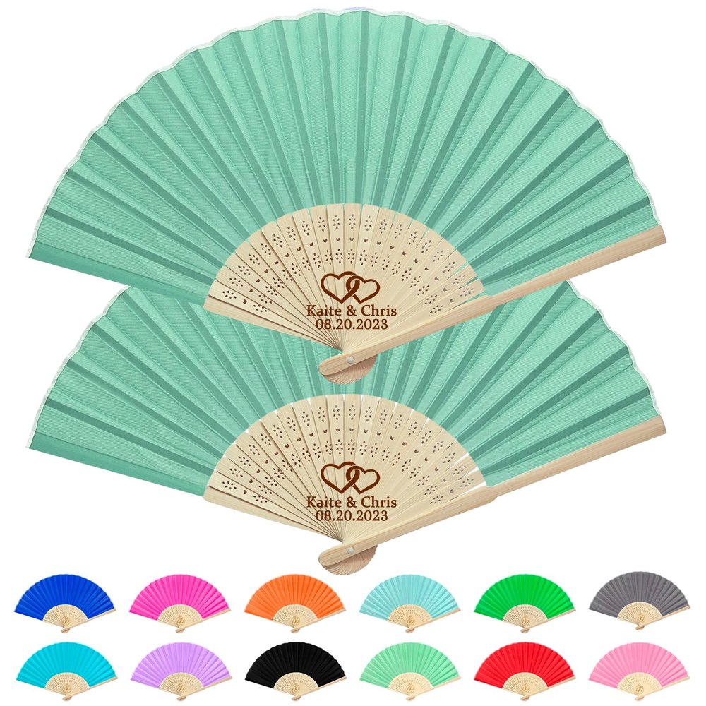 120pcs Customize Folding Fans for Wedding Favors Bulk, Personalized Engraved Handheld Fans Gifts for Guests Bulk, Custom Party Fans for Women Silk Fabric Fans Dancing Props Home Decoration Aqua green