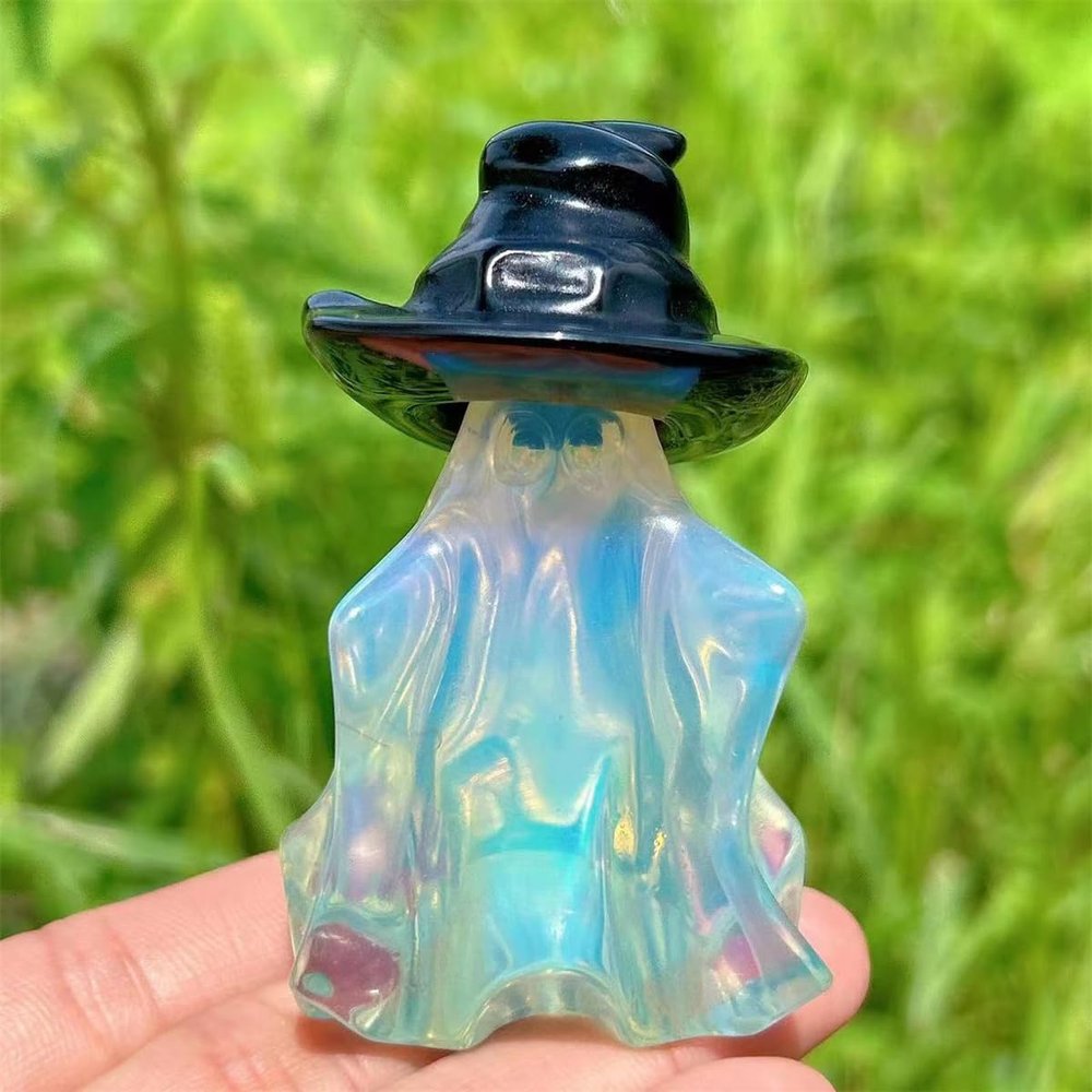 Xzyycyj Carved Moonstone Opalite Ghost Figurine and Black Obsidian Magic Small Hat Gemstone Ghost Figurine Crystals and Stones(Opalite Ghost+Obsidian ha)