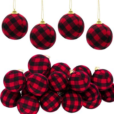 24 Pack Christmas Ornaments Buffalo Plaid Xmas Balls Decorative Christmas Tree Hanging Ornaments for Christmas Decorations