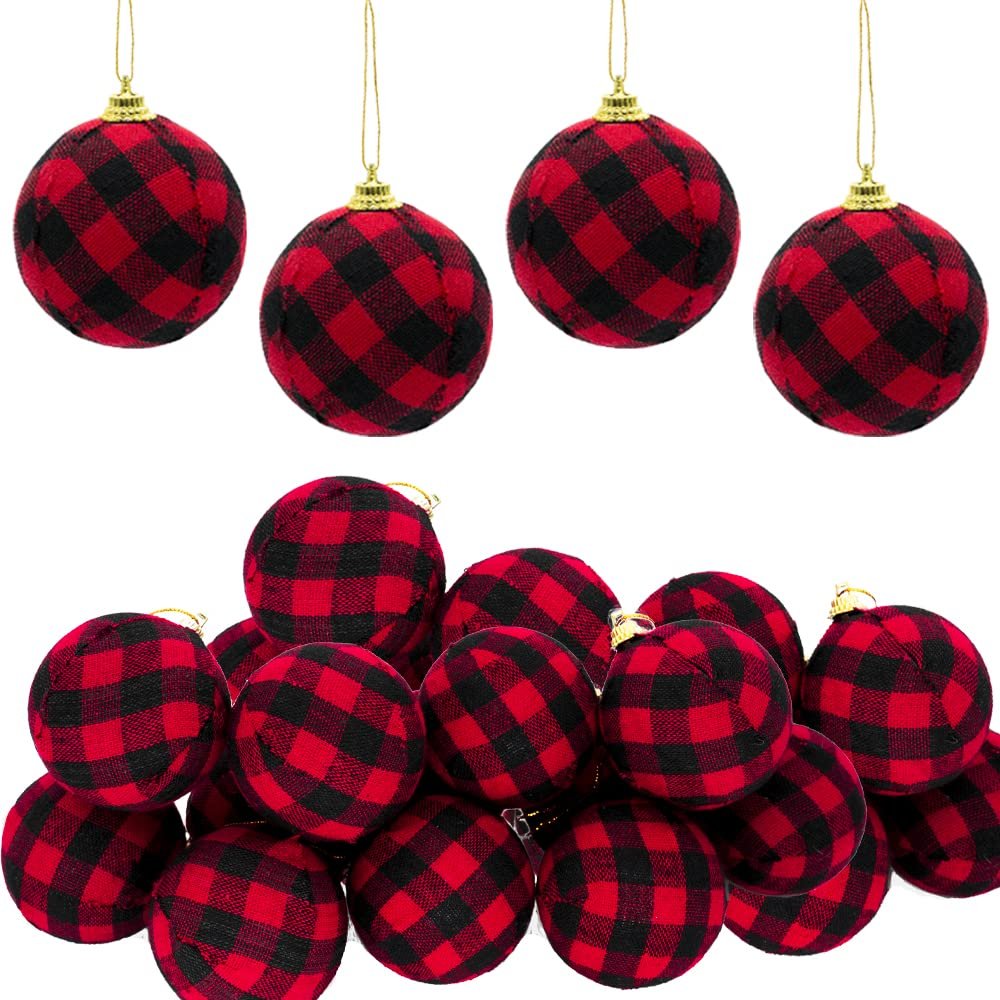 24 Pack Christmas Ornaments Buffalo Plaid Xmas Balls Decorative Christmas Tree Hanging Ornaments for Christmas Decorations