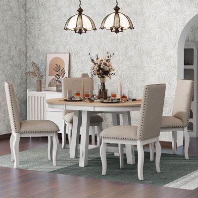 Aiuyesuo 5-Piece Farmhouse Dining Table Set, Solid Wood Dining Table Set with Round Extendable Dining Table and 4 Upholstered Dining Chairs, Family Kitchen Furniture