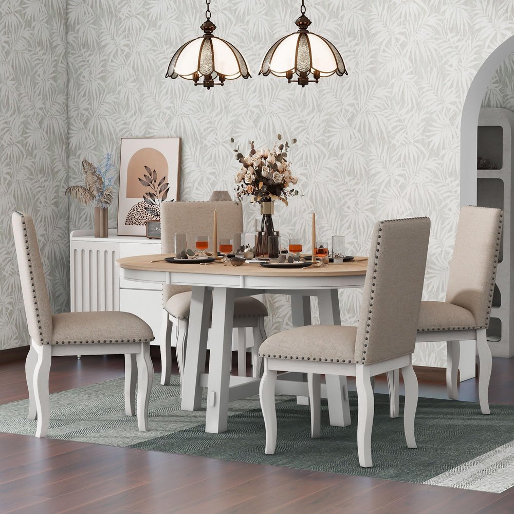 Aiuyesuo 5-Piece Farmhouse Dining Table Set, Solid Wood Dining Table Set with Round Extendable Dining Table and 4 Upholstered Dining Chairs, Family Kitchen Furniture