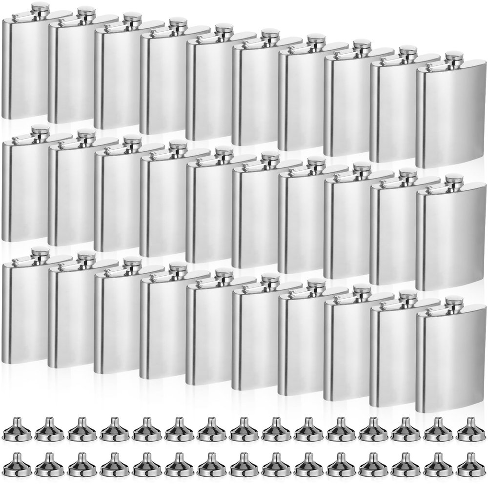 30 Pieces Hip Flasks Set Stainless Steel Liquor Flask with Funnel Metal Leak Proof Flask Pocket Whiskey Flasks for Men Women Bridesmaid Wedding Party Supplies (Silver, 8 oz)