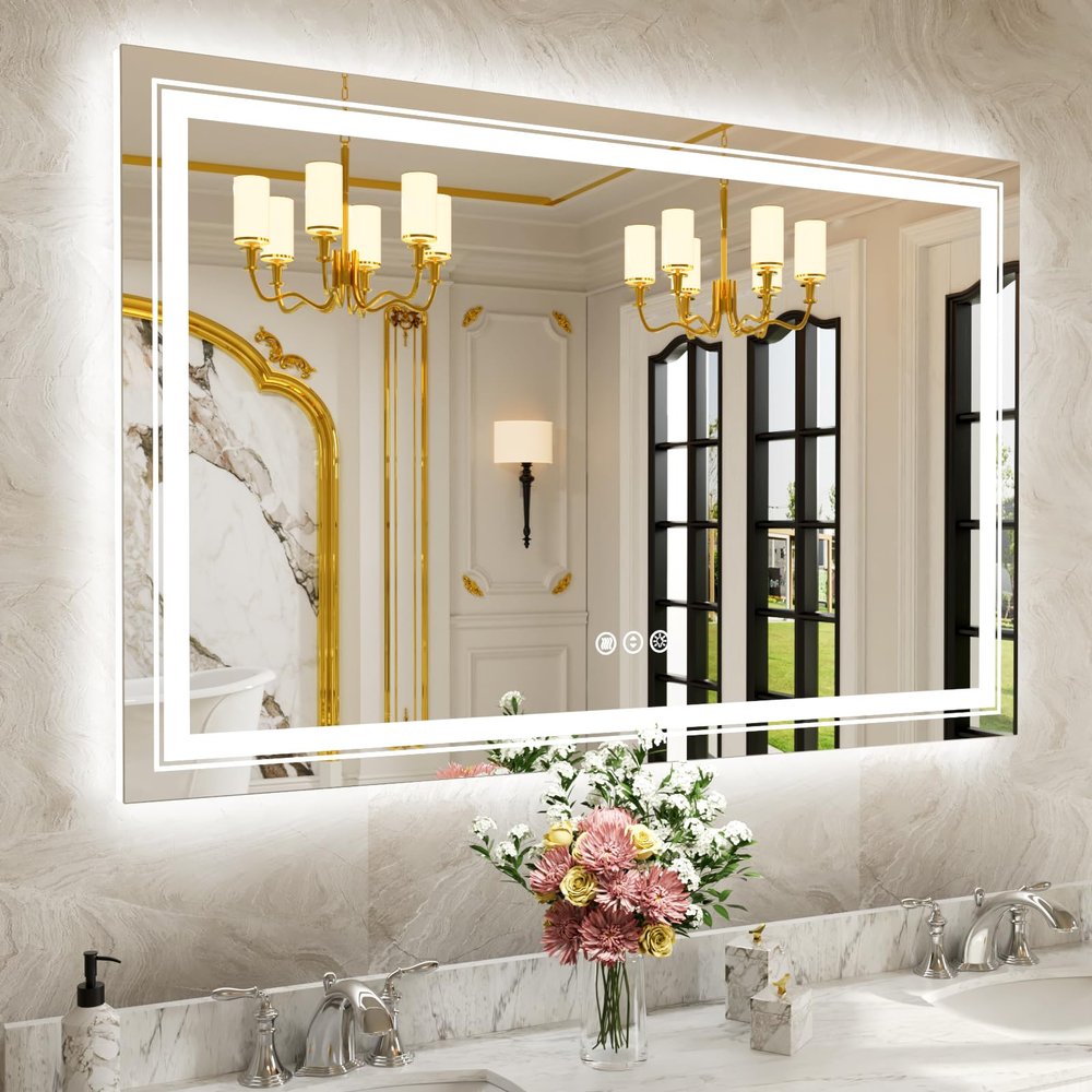 WTTY LED Bathroom Mirror 55"x36" with Back and Front Light,Modern LED Mirror for Bathroom,Stepless Dimmable Lighted Bathroom Vanity Mirror with Anti-Fog,Memory Function,Shatter-Proof